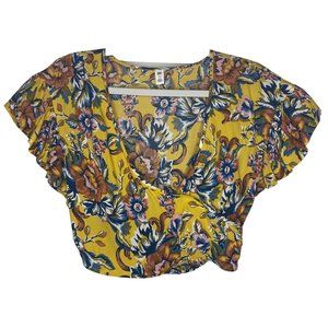 BP Yellow and Blue Cropped Floral Print Ruffle Short Sleeve Top Size XS